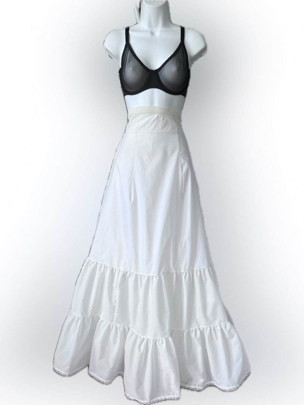 Vintage Petticoat Slip Skirt with Ruffle Tiers and Lace Trim, Maxi Length